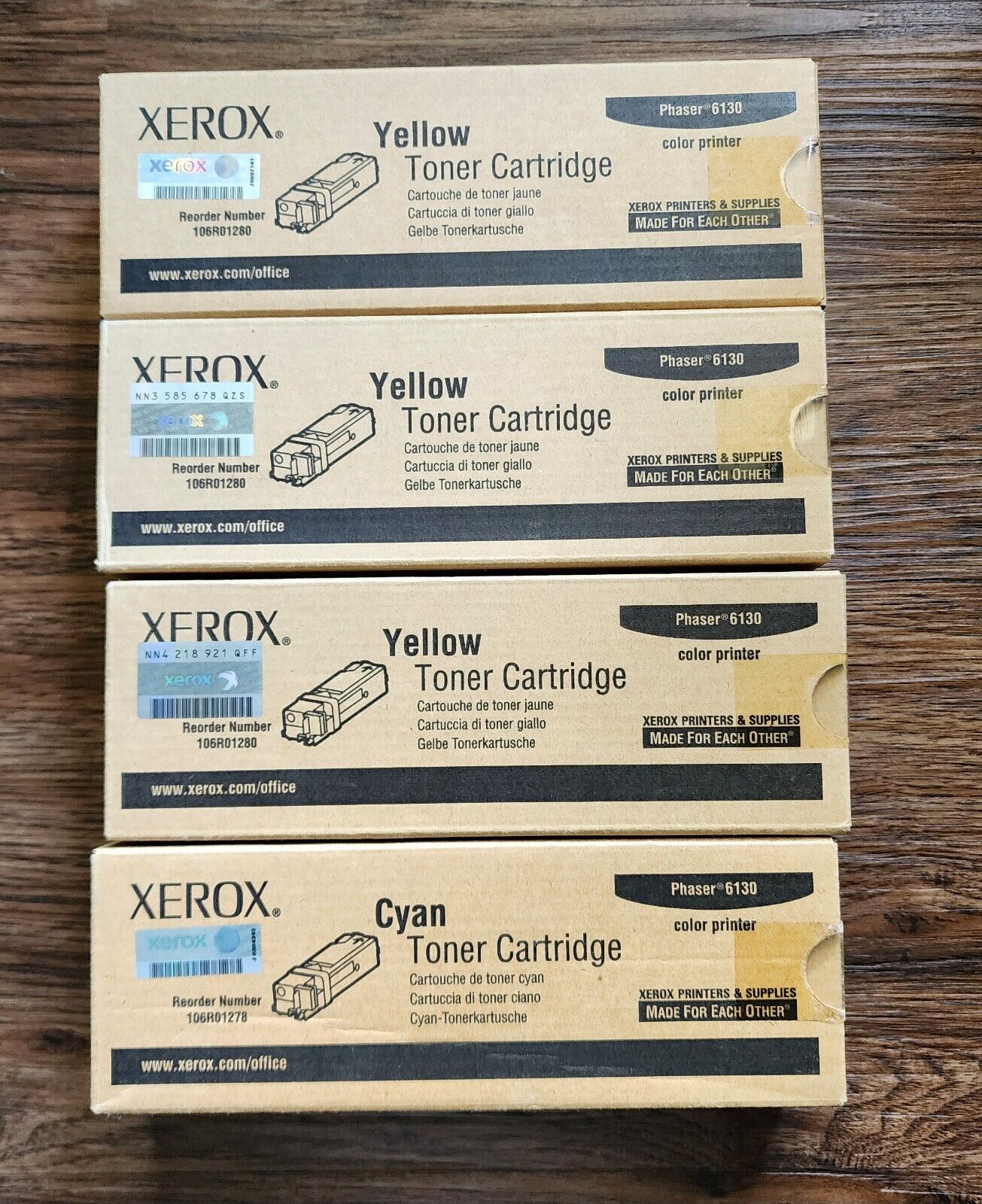 4 - GENUINE OEM SEALED XEROX Phaser 6130, TONER- 3 - Yellow & 1 - Cyan 