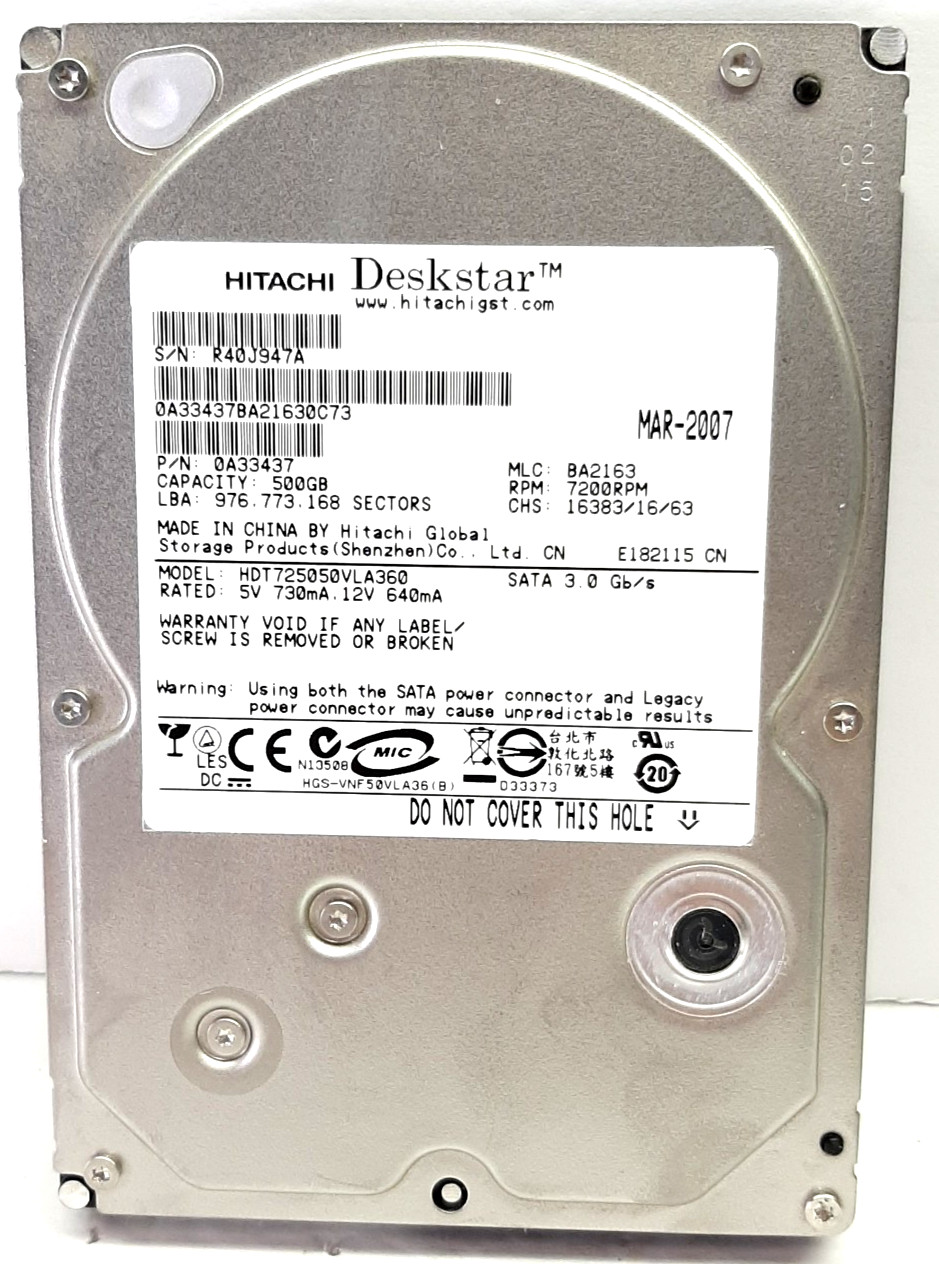 Hitachi HDT725050VLA360 P/N:0A33437 MLC:BA2163 500GB 3.5" SATA Hard Drive OBB4