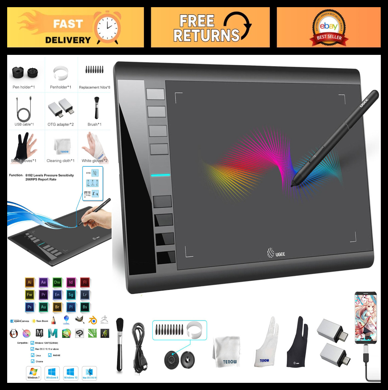 10x6 Inch Drawing Tablet, Ultra Thin Graphics Pad for PC & Android, 8 Hot Keys,