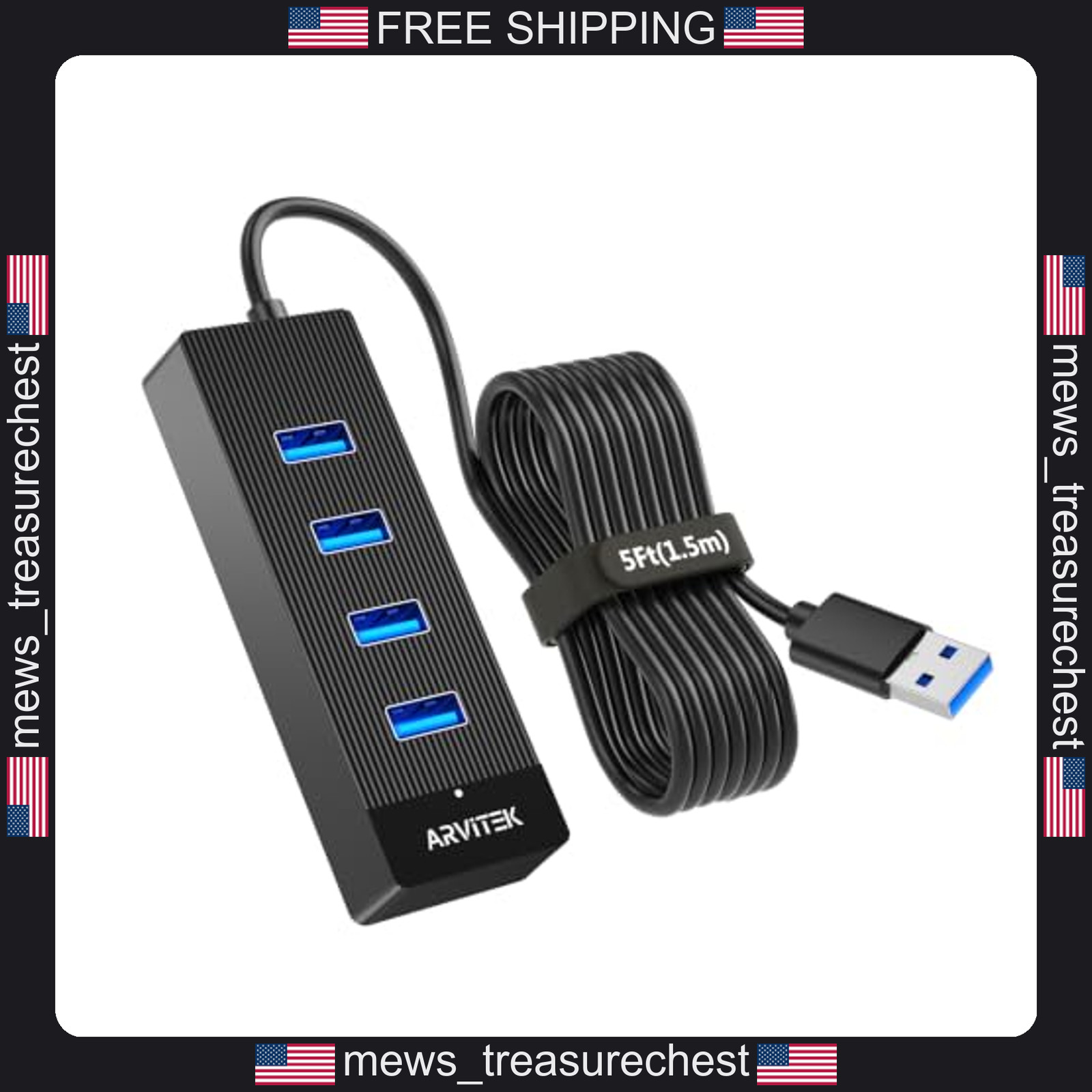 USB 3.0 Hub 4 Ports with 5Ft Cable for Desktop and Laptop