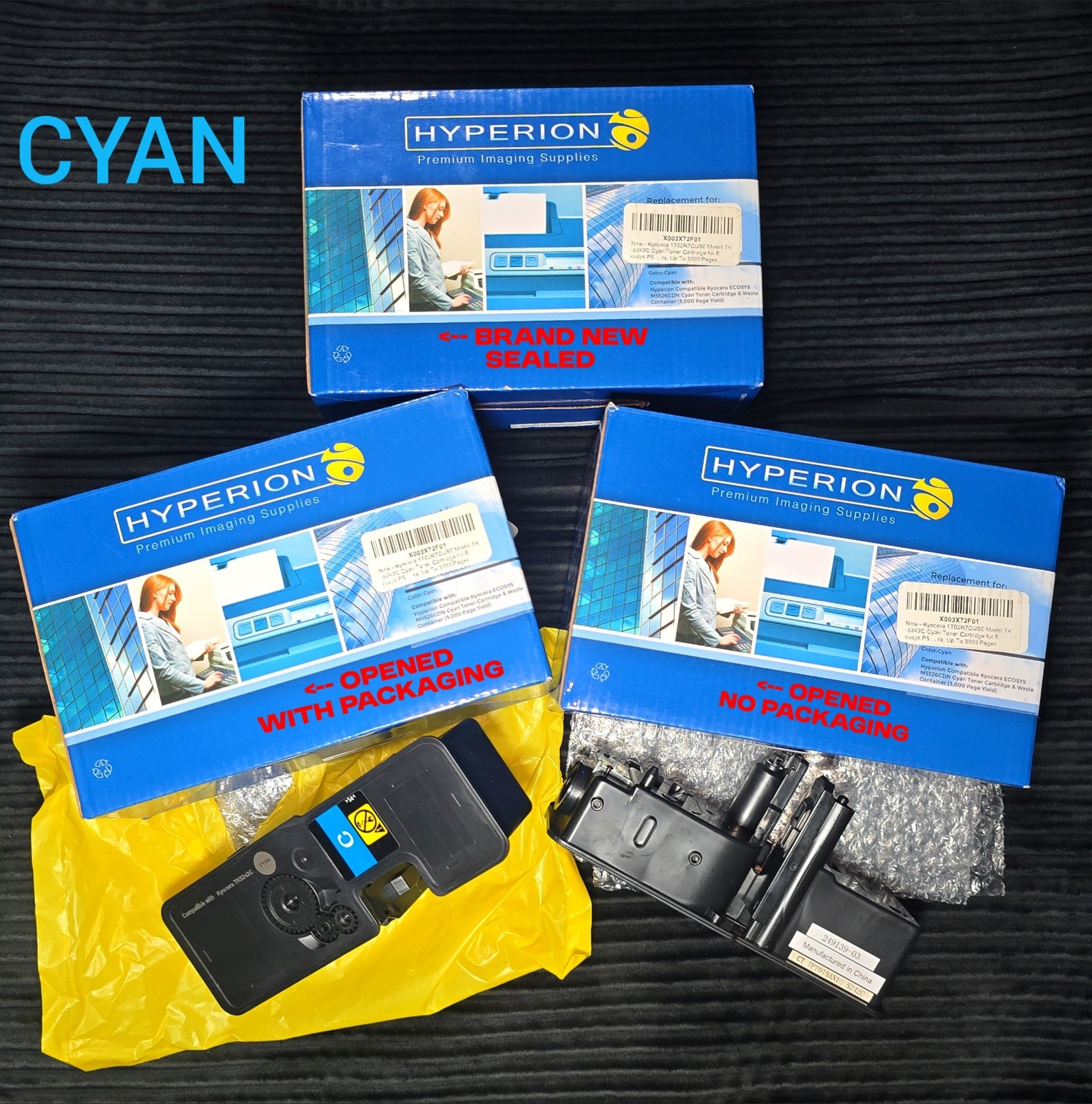 Hyperion TK-5242C Cyan Toner Cartridge (1 New + 2 OPEN BOX CARTRIDGES) 3 Total