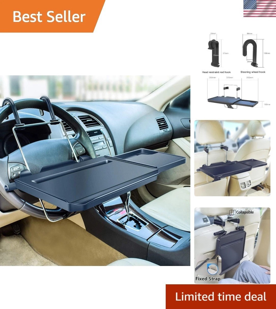 Adjustable Black Car Tray for Steering Wheel & Back Seat – Convenient & Stylish