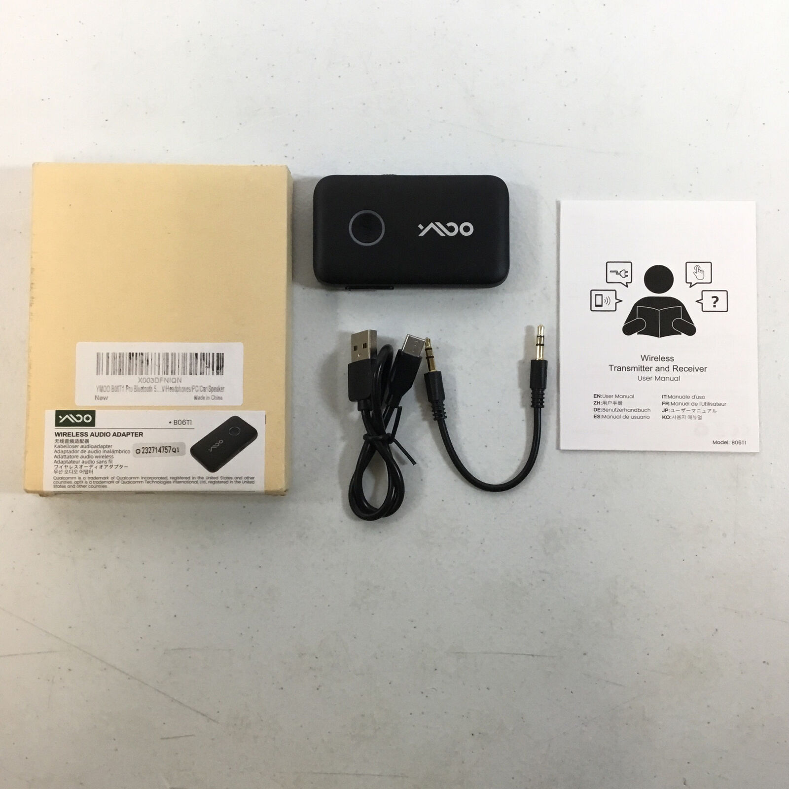 YMOO B06T1 Black Portable Bluetooth 5.3 Wireless Audio Adapter With Manual