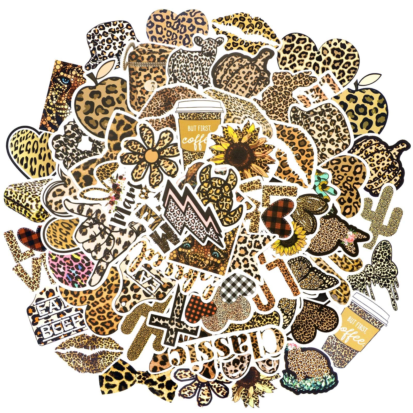 100 Pcs Leopard Print Stickers Pack Vinyl 6 cm / 2.36 inches, Multicolor