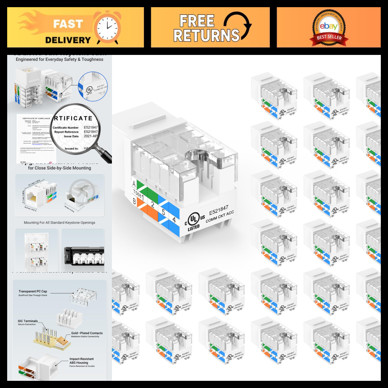 Cat6 Keystone Jacks 10Gbps, UL Listed, 25-Pack, White, Ethernet Network Connecto
