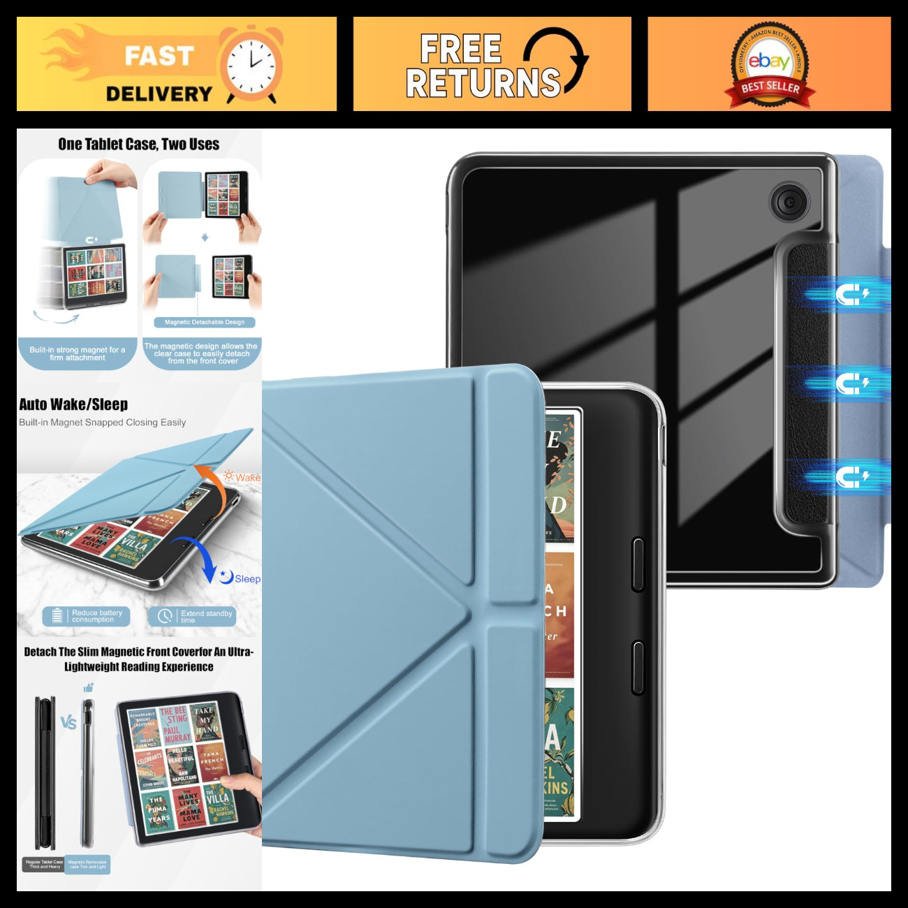 Magnetic Detachable Case for 7" Kobo Libra Colour - Sky Blue, Slim & Lightweight