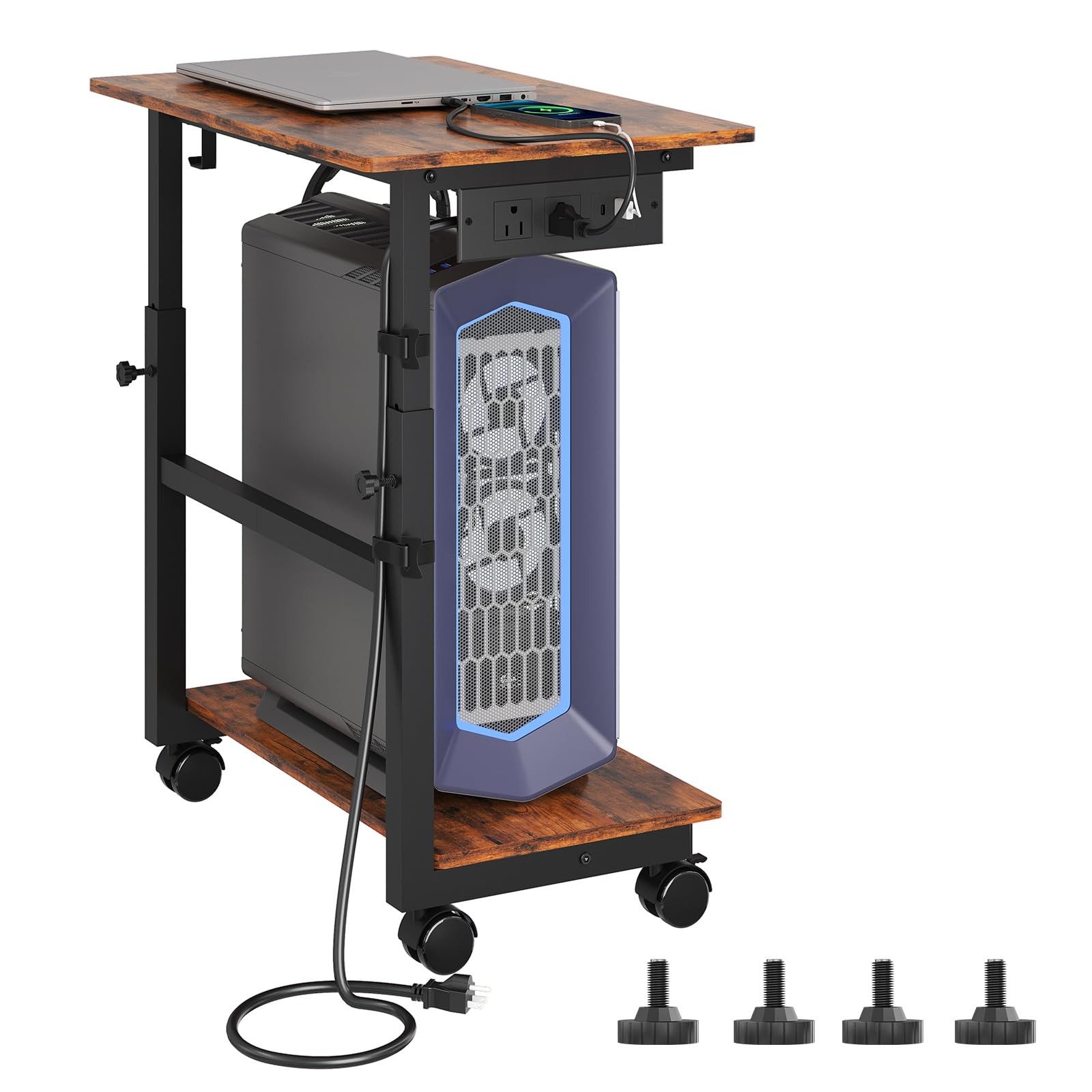 Height Adjustable 2-Tier Computer Tower Stand with Power Outlet & Wheels - Brown