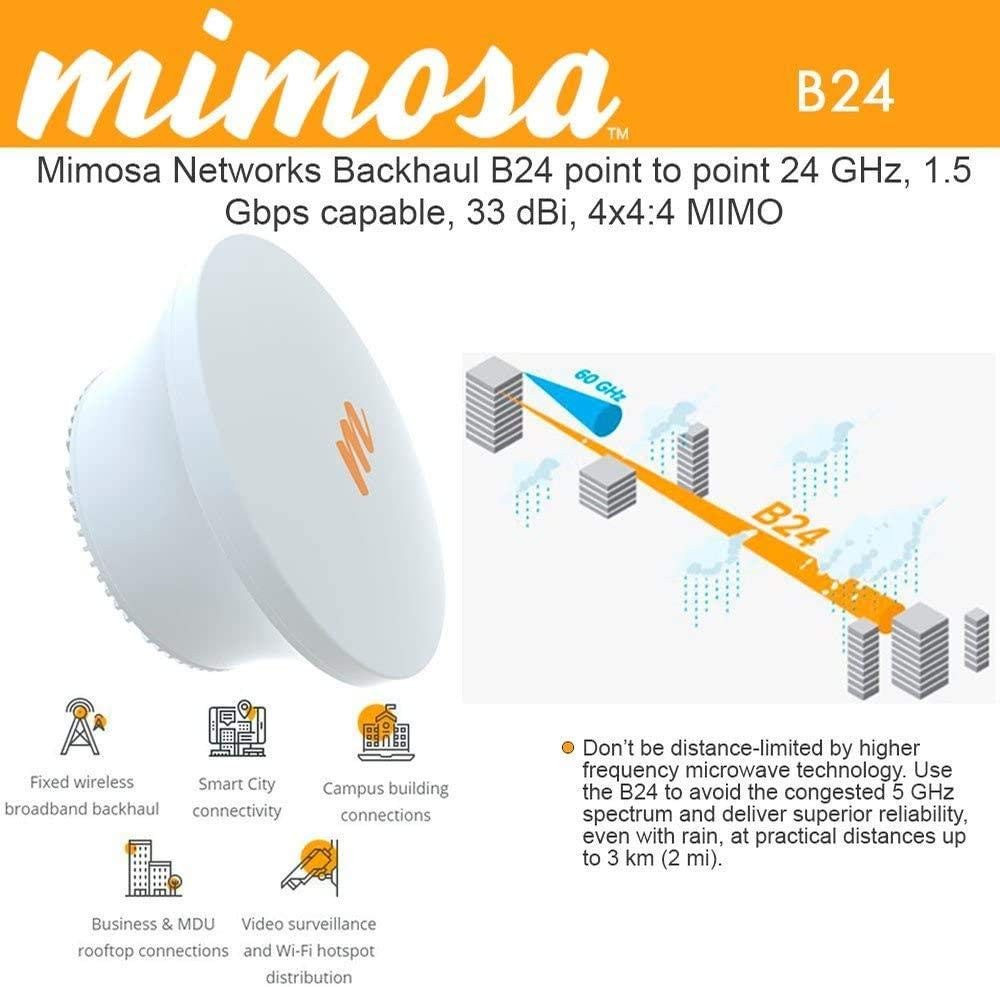 Mimosa Backhaul B24 Point-to-Point 24 GHz, 1.5 Gbps Capable, 33 dBi, 4x4:4 MIMO,