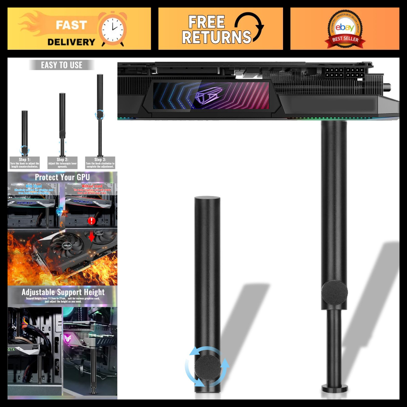 Adjustable GPU Support Bracket - Tall Anti-Sag Stand for Graphics Card Mount