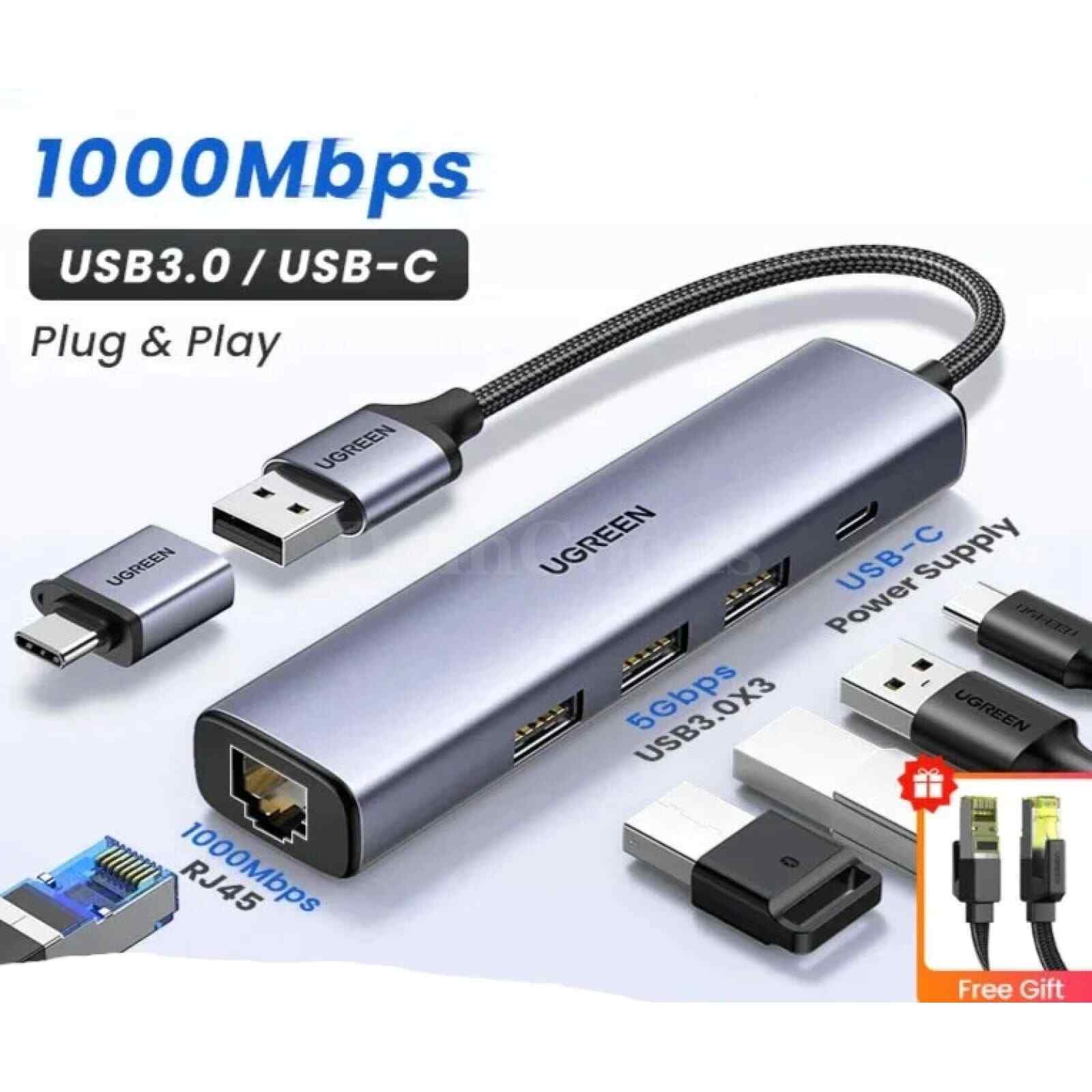 Ugreen USB Ethernet Adapter 1000/100Mbps USB 3.0 Hub for Xiaomi Mi Box Macbook