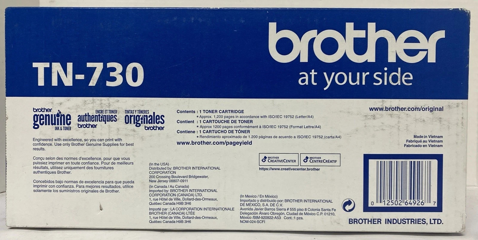Brother TN730 Genuine Original Standard Yield Black Toner Cartridge 1200 Pages