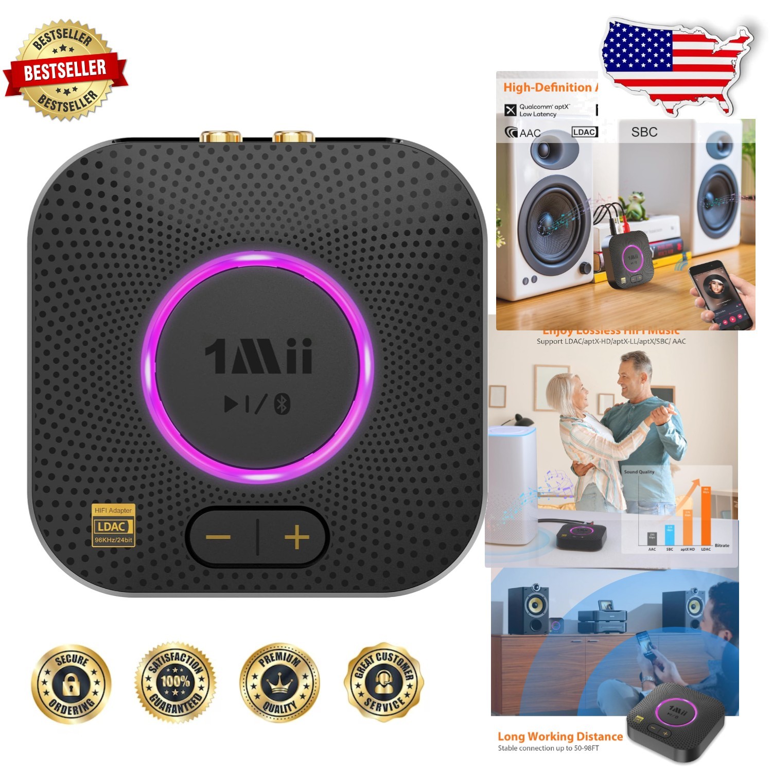 B06S+ LDAC Bluetooth 5.3 Receiver Hi-Res Stereo Audio Long Range Volume Control