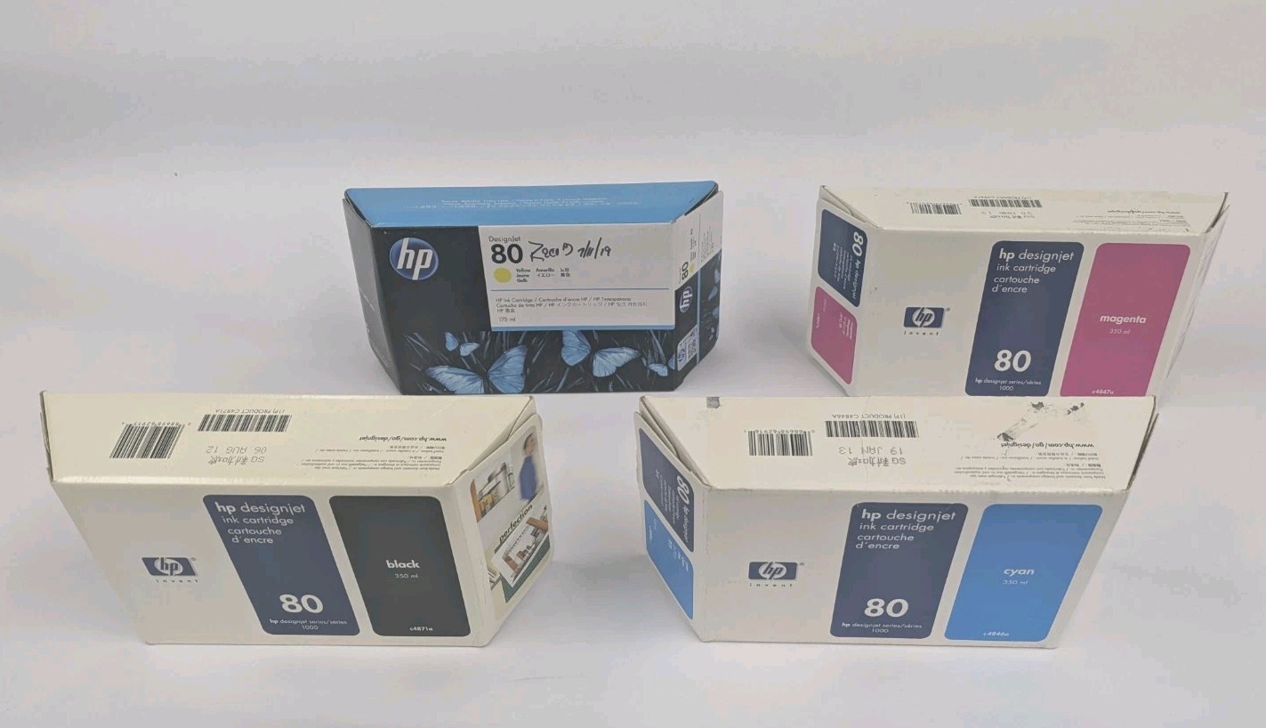 HP 80 Black Cyan Yellow Magenta C4871A C4873A C4847A C4846A DesignJet Ink Set
