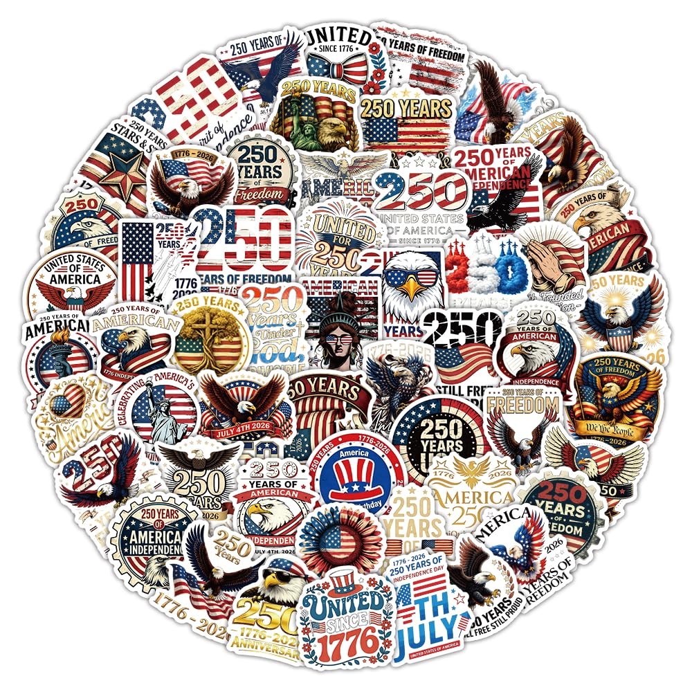 60PCS 250th Anniversary USA Stickers, America 250 Patriotic Vinyl Decals for Wat