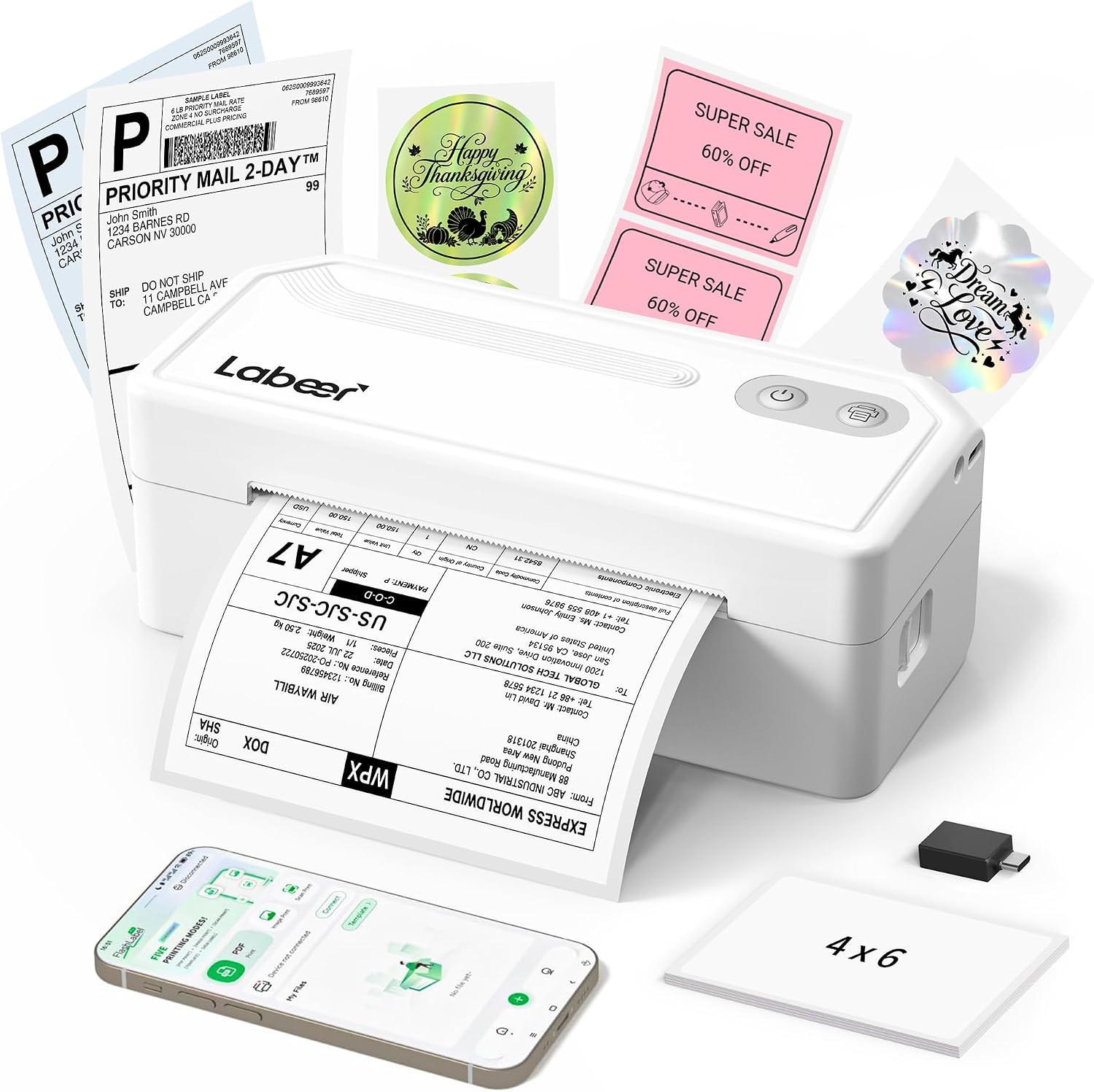 Bluetooth Thermal Shipping Label Printer, Wireless 4X6 Printer White