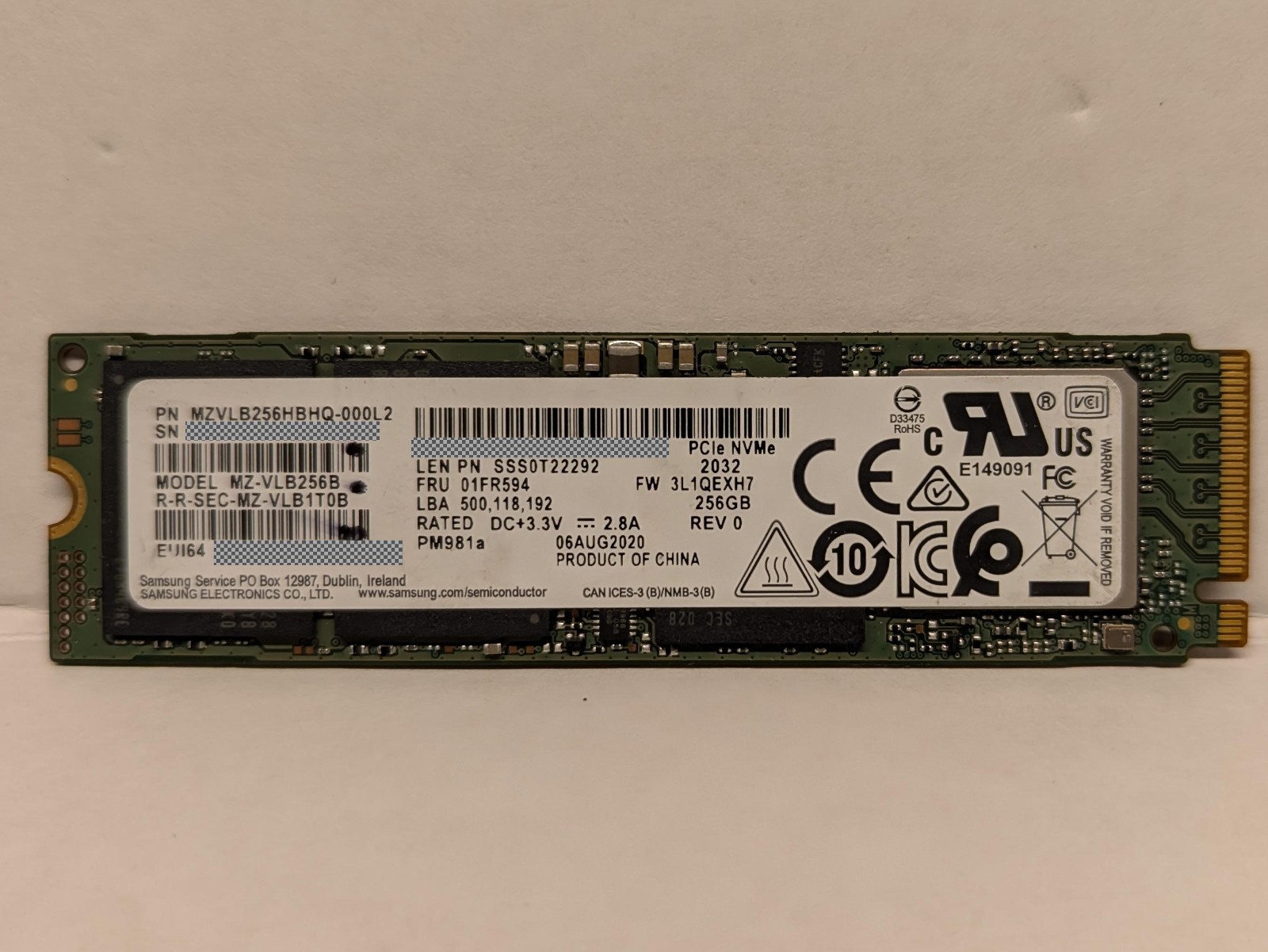 Samsung PM981a 256GB SSD  MZ-VLB256B MZVLB256HBHQ-000L2 - Grade A
