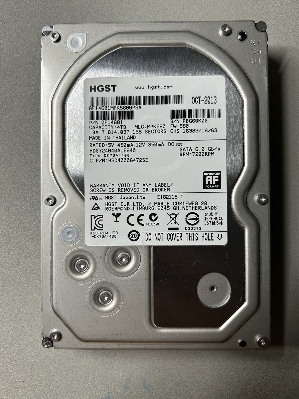 HGST Deskstar 7K4000 4TB 7200RPM SATA 6Gb/s 3.5” HDD HDS724040ALE640 Low Hours