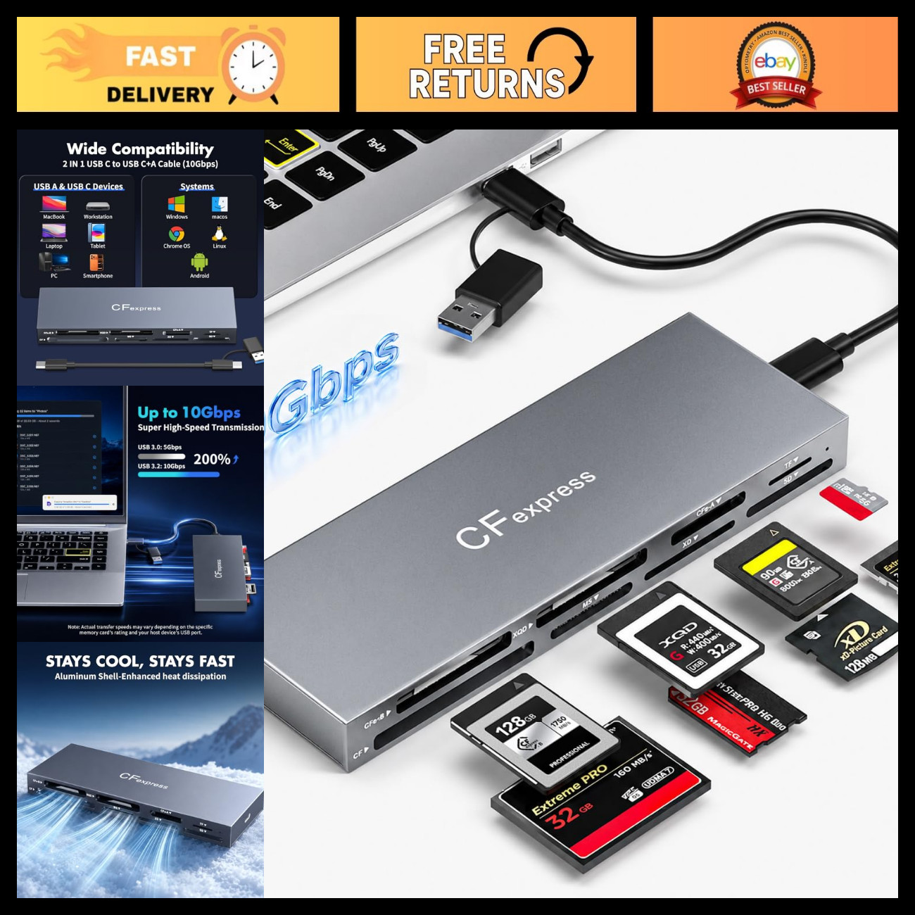 8-Slot CFexpress Type B & A Card Reader, USB 3.2 10Gbps Multi-Slot Adapter for X