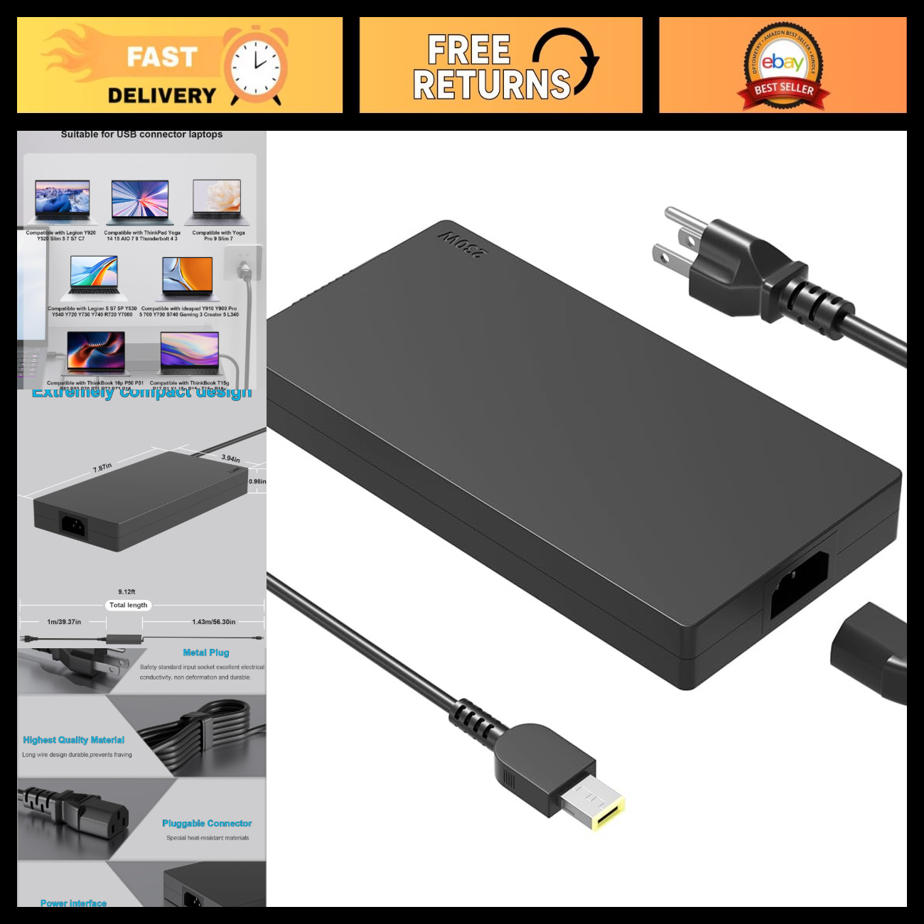 230W Laptop Charger for Lenovo Legion & ThinkPad P Series, AC Adapter Power Supp