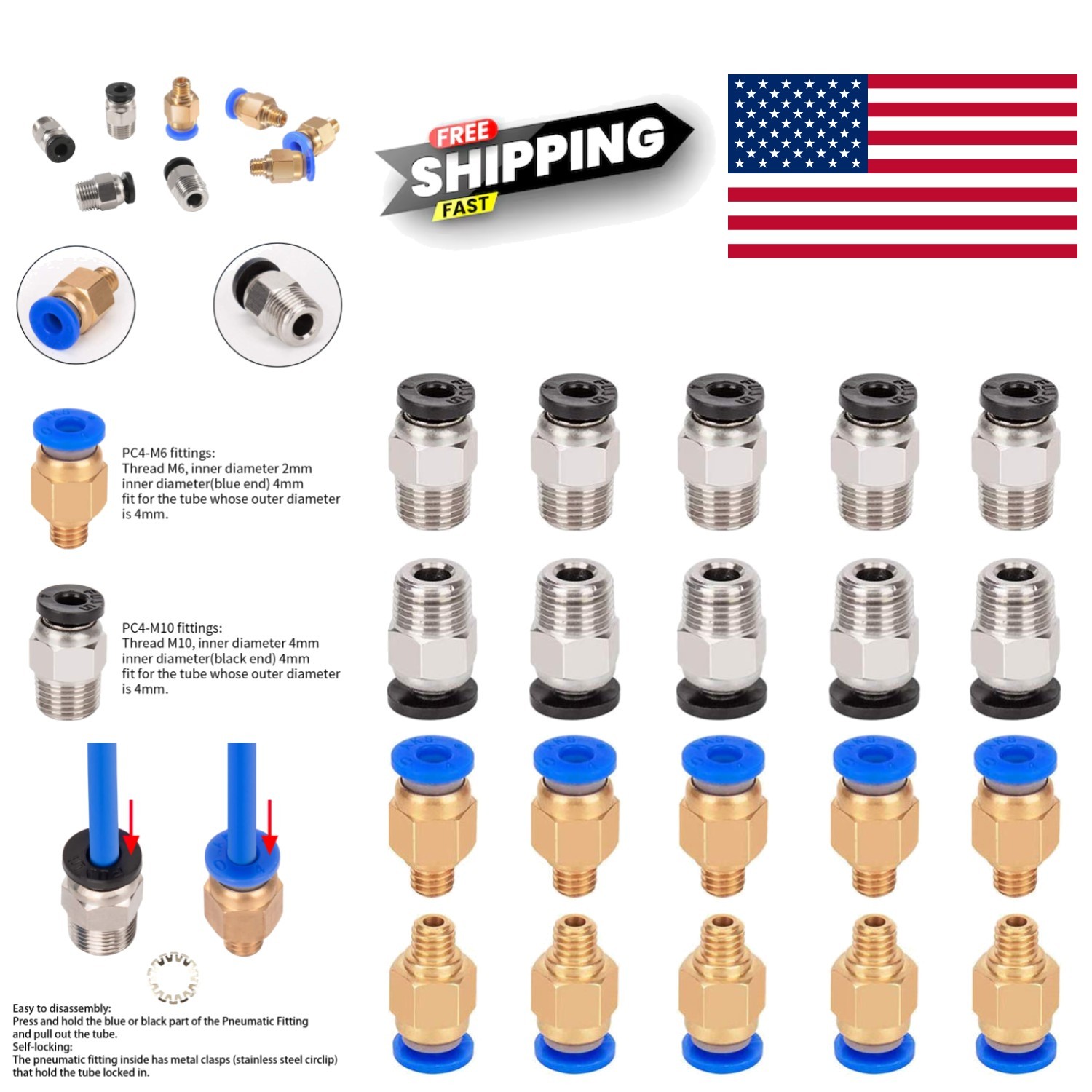 PC4 M6 M10 20 Pcs Pneumatic Fitting Set Easy Installation for 3D Printers