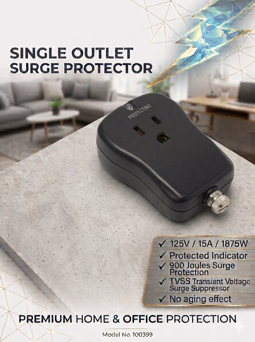 SINGLE OUTLET SURGE PROTECTOR 900 Joules 1875W UL 15A TVSS Transient Suppressor