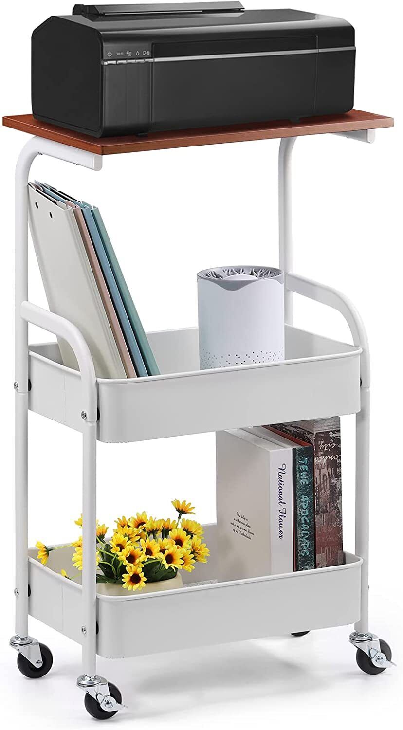 3 Tier Printer Table on Wheels Rolling Cart with Storage Shelves for Printer Fax