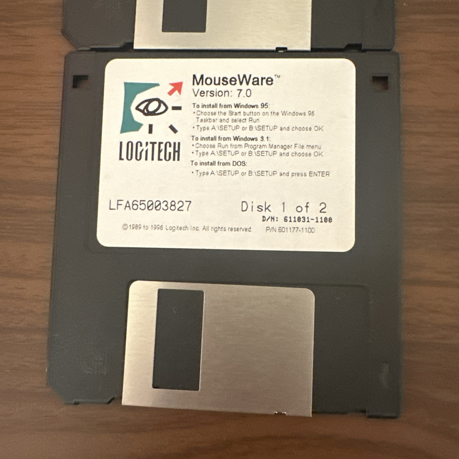 Vintage Logitech MouseWare Version 7.0 Floppy Disks Windows 95 DOS Win 3.1