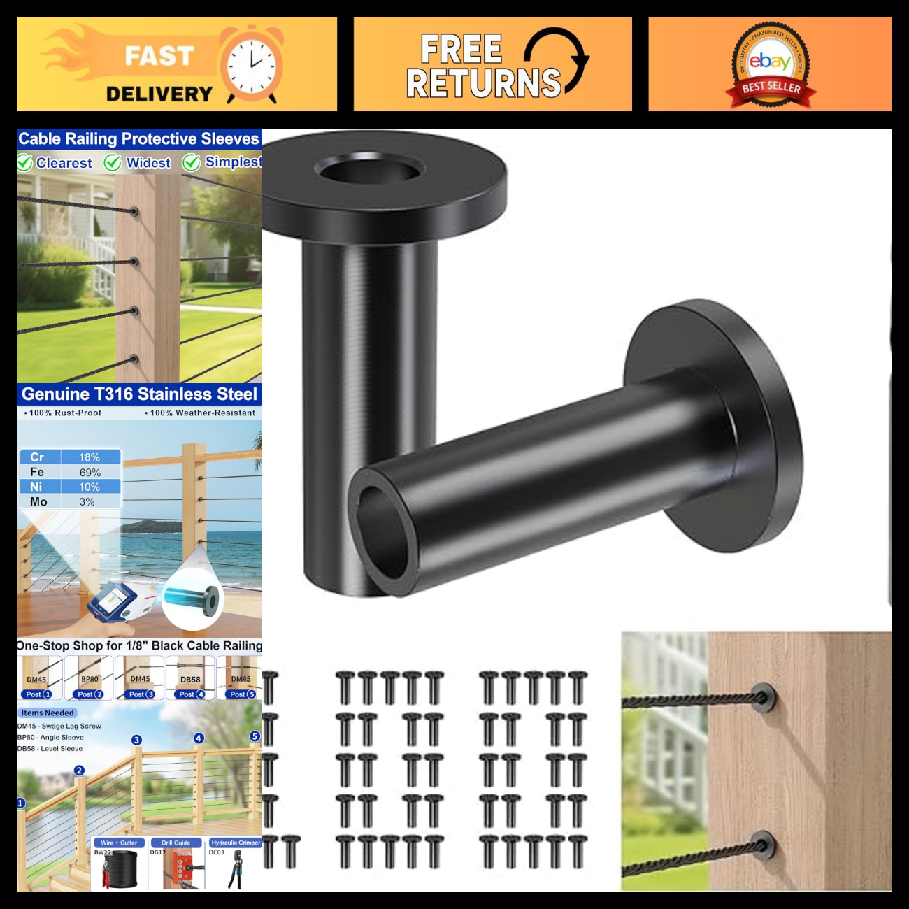 100 Pack Black Cable Railing Protector Sleeves for 1/8" Cable - Durable Hardware