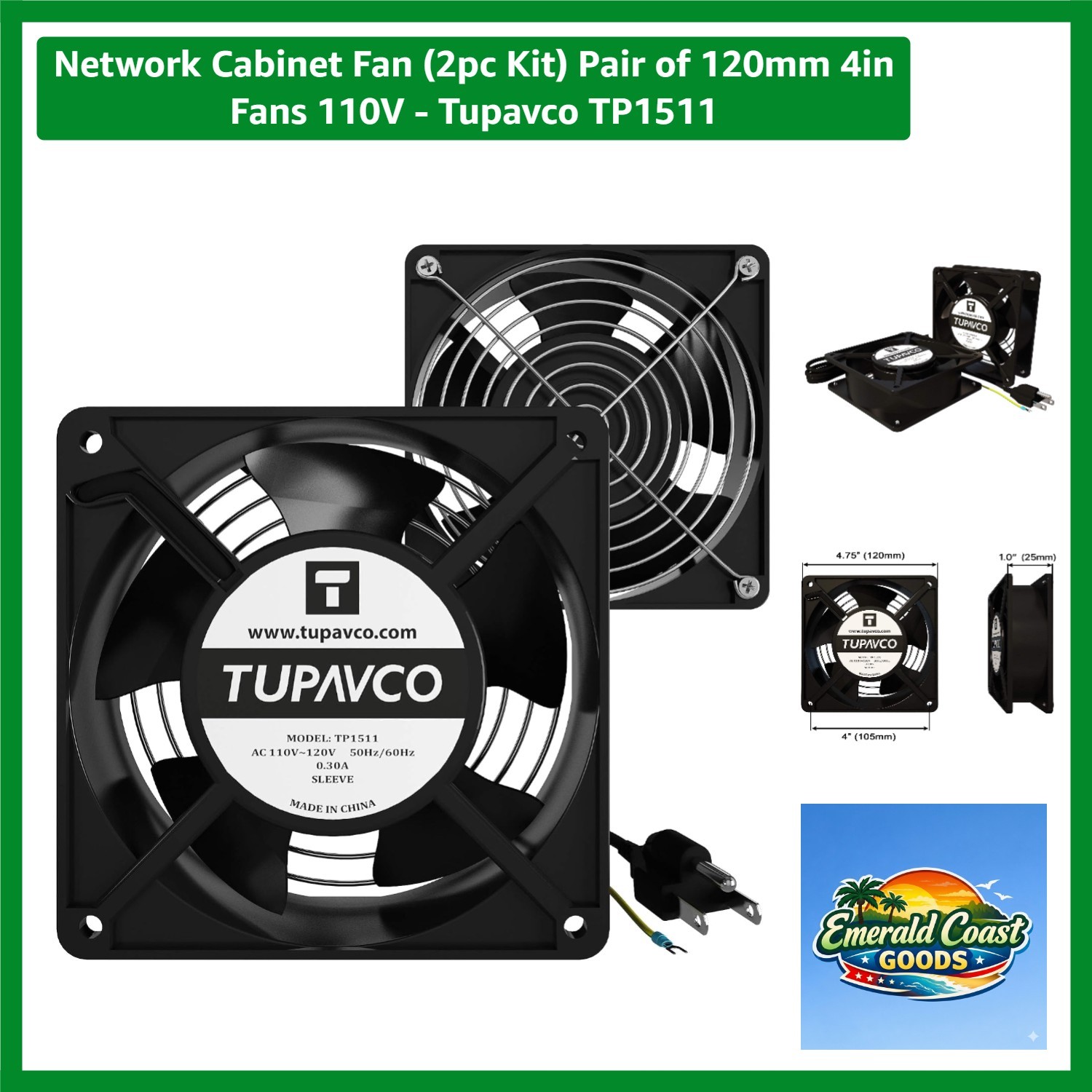 Network Cabinet Fan 2pc Kit Pair of 120mm 4in Fans 110V -