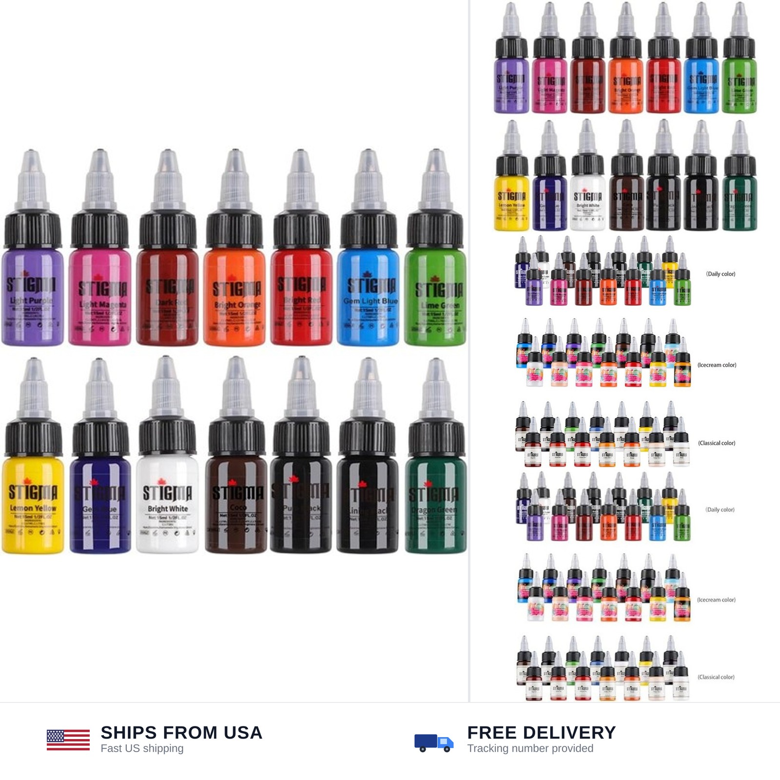 STIGMA Professional Tattoo Ink Color Set 14 Colors with 15 ml 1/2oz per Bottl...