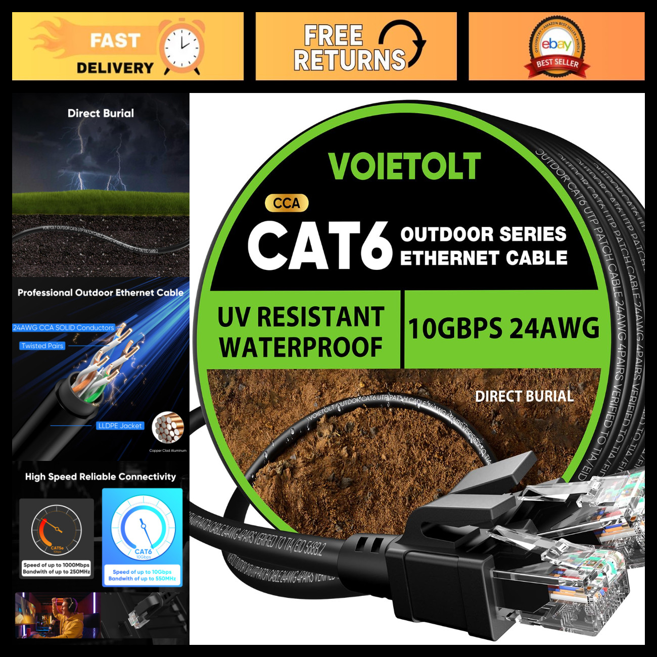 100ft Cat 6 Outdoor Ethernet Cable, 10Gbps Waterproof Direct Burial, UV Jacket,