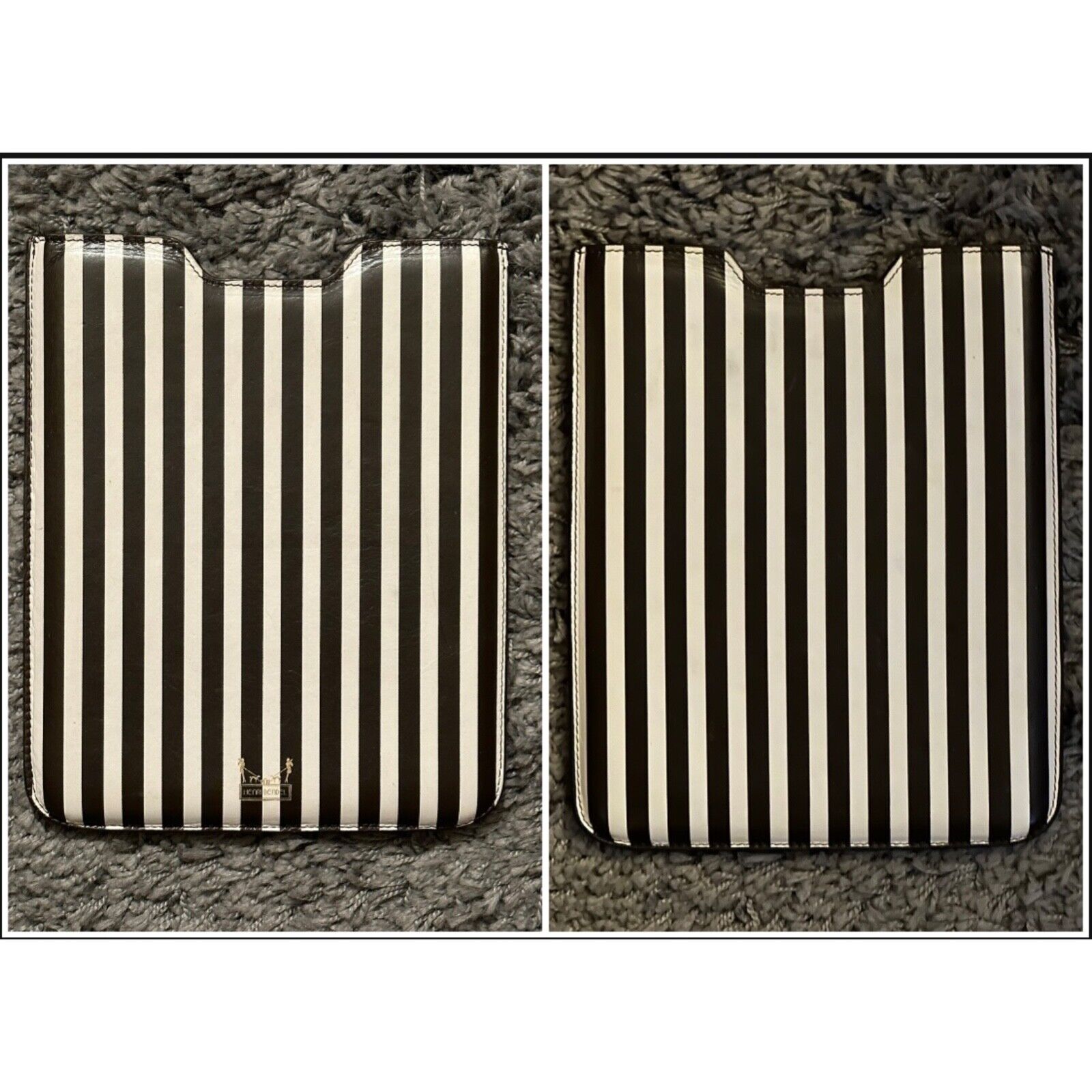 Henri Bendel signature brown & white stripe leather tech sleeve: 8”x 9.75”