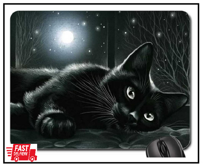 Schoolsupplies Black Cat in Moonlight Mouse Pad, Mousepad (Cats Mouse Pad)