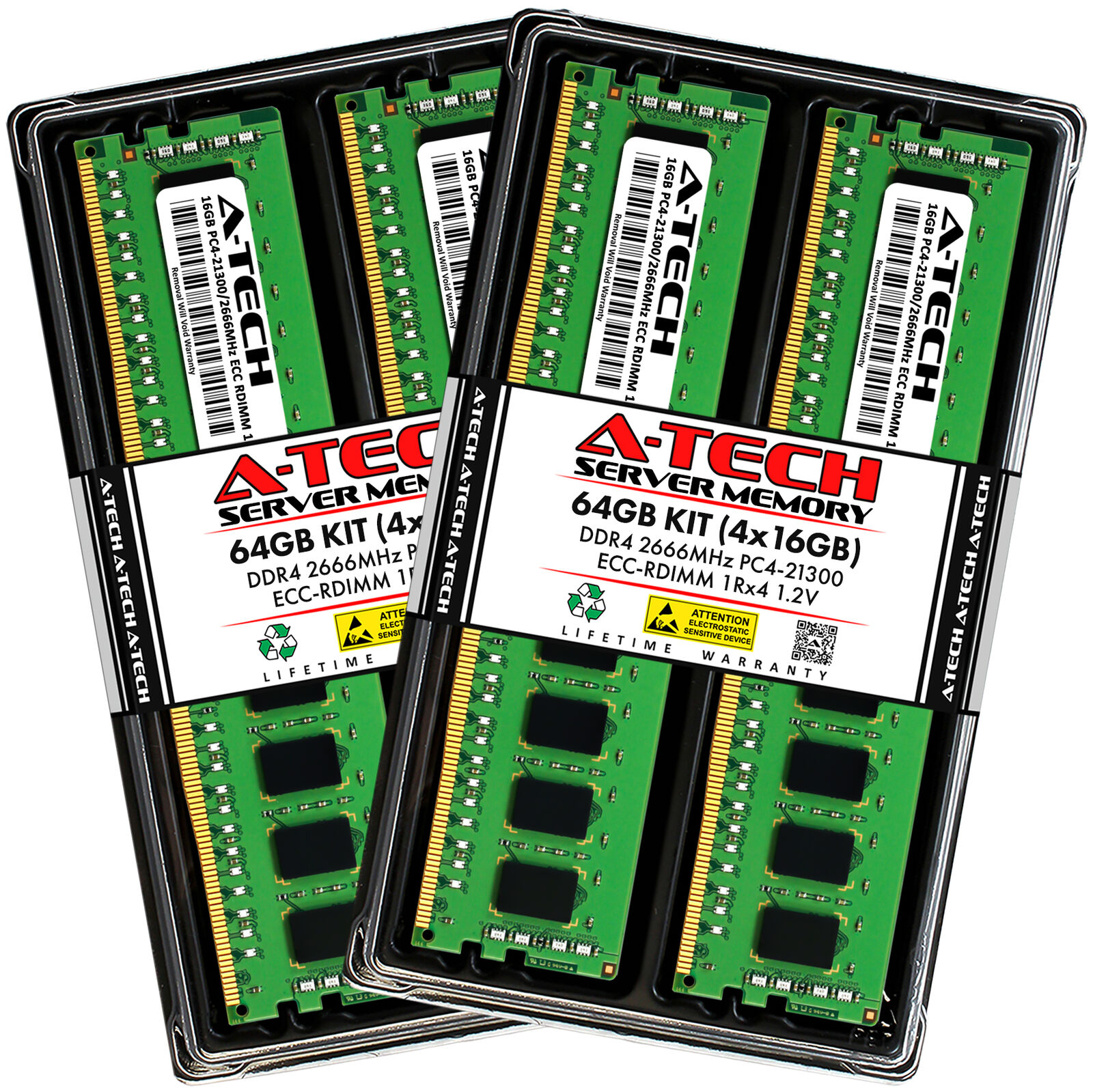 A-Tech 64GB 4x 16GB 1Rx4 PC4-21300R DDR4 2666MHz ECC REG RDIMM Server Memory RAM