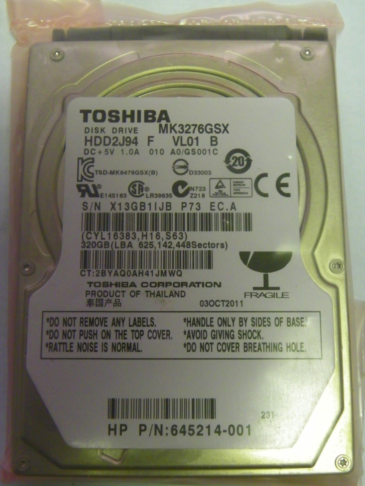 Toshiba MK3276GSX (HDD2J94 F VL01 B) 010 A0/GS001C Laptop 320GB 2.5" SATA HDD