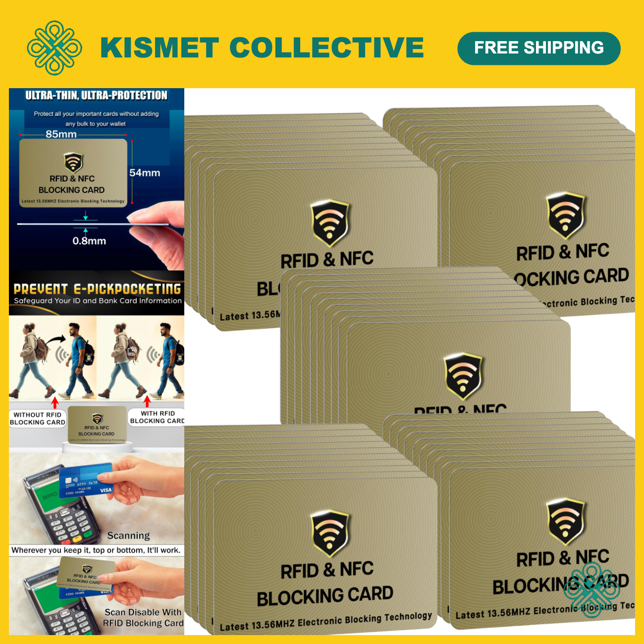 50 Pack RFID Blocking Cards for Credit Debit ID ID Protection, Gold Color