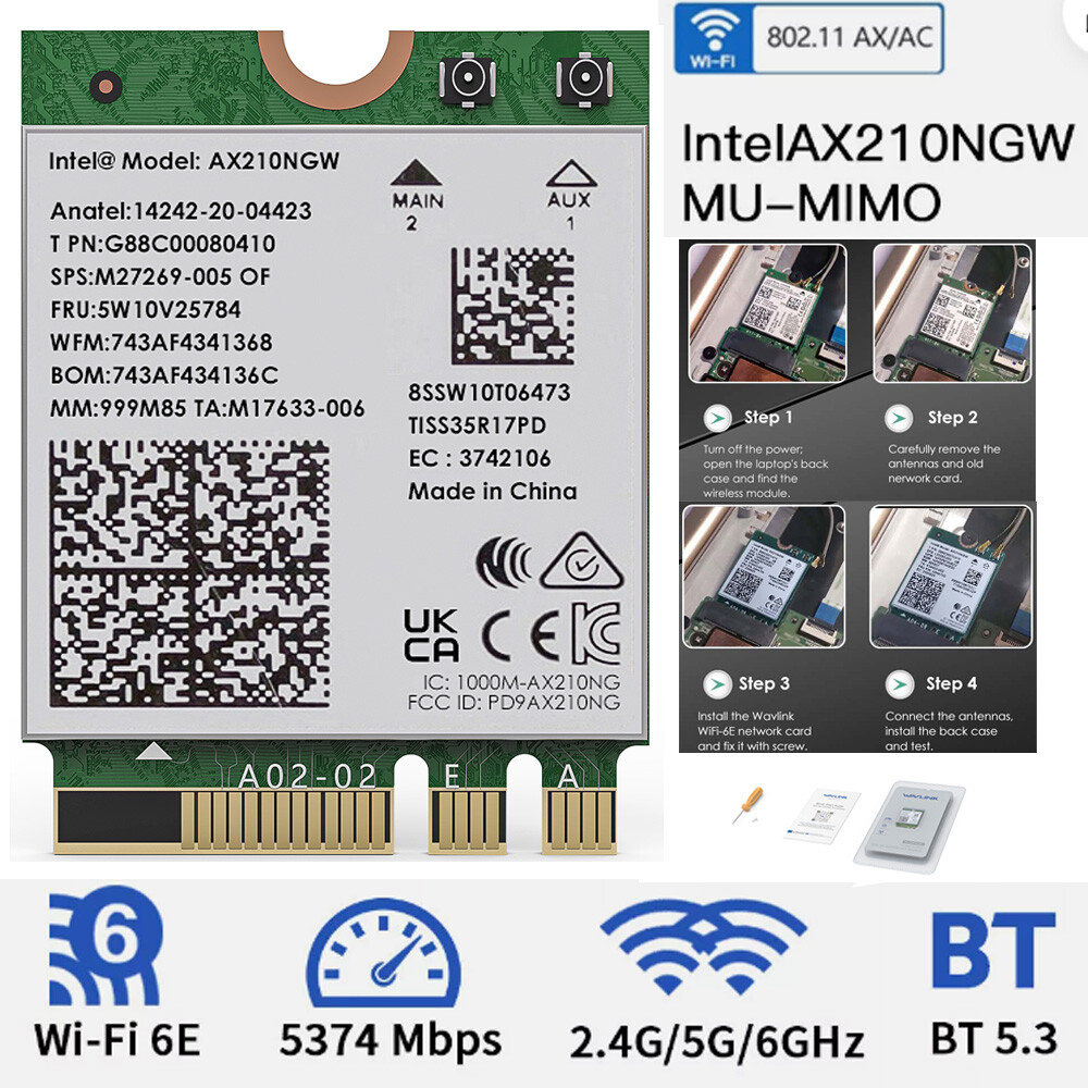 Intel AX210 WiFi 6E Laptop M.2 Card WiFi Bluetooth 5.3 Adapter NGFF Key-A Key-E