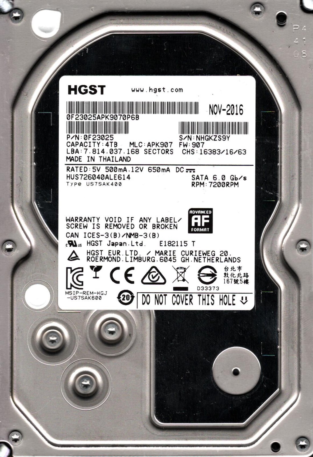 HUS726040ALE614 P/N: 0F23025 MLC: APK907 FW: 907 THAILAND NOV 2016 HGST 4TB