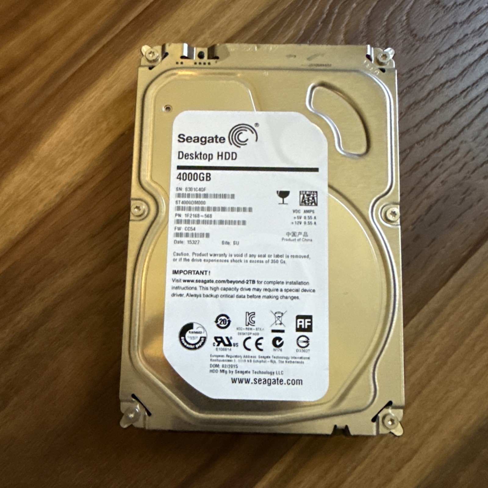 Seagate 3.5" ST4000DM000 4TB SATA III 6Gbps 1F2168-568 SN: S301C4QF
