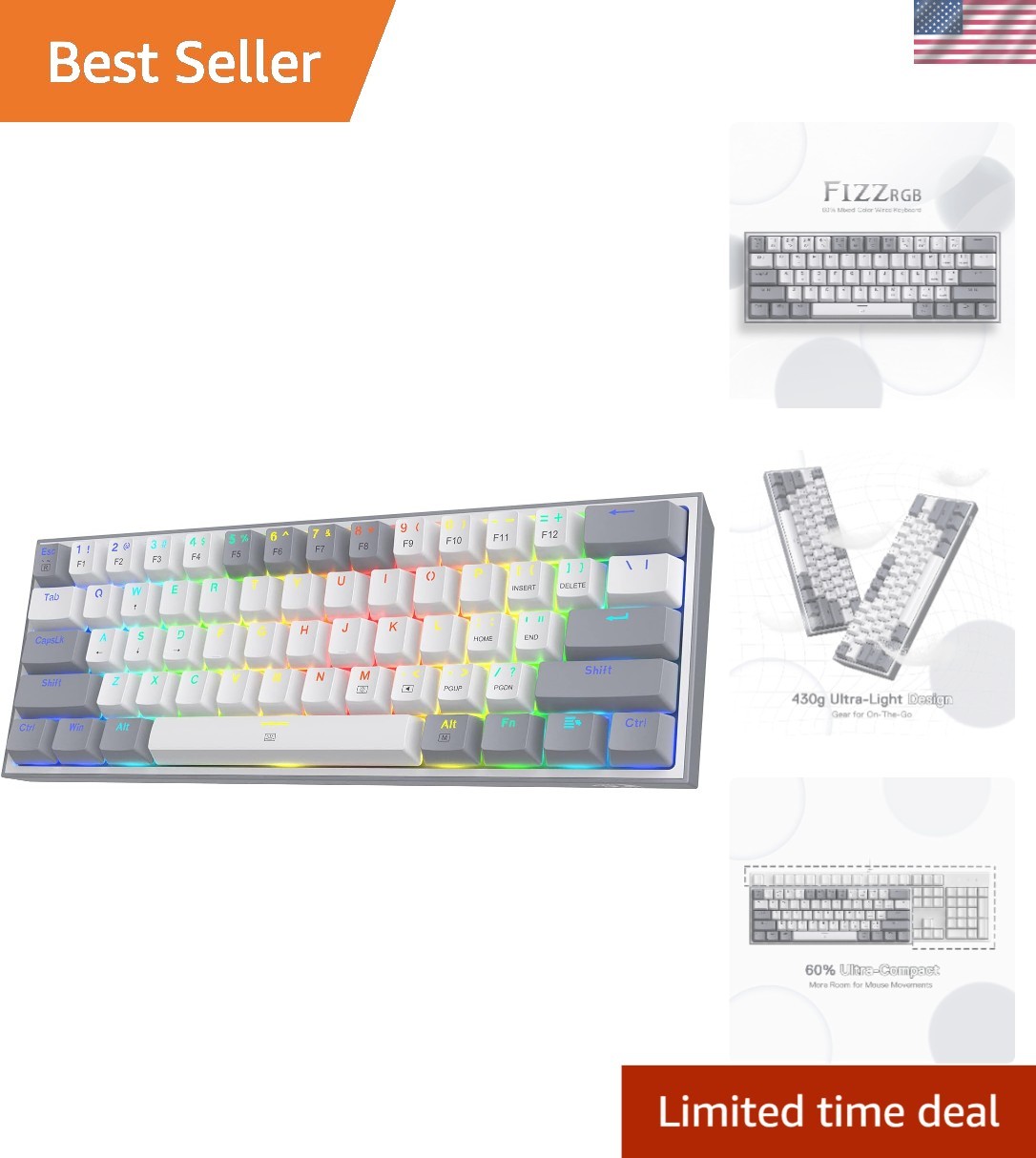 K617 Fizz Wired RGB Mechanical Keyboard - 60% Layout with Mixed Color Keycaps