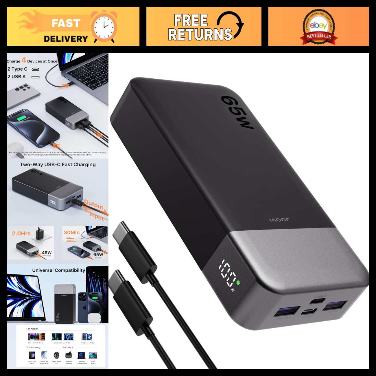20000mAh Portable Laptop Charger Power Bank 65W Fast Charging, USB-C, Slim Desig