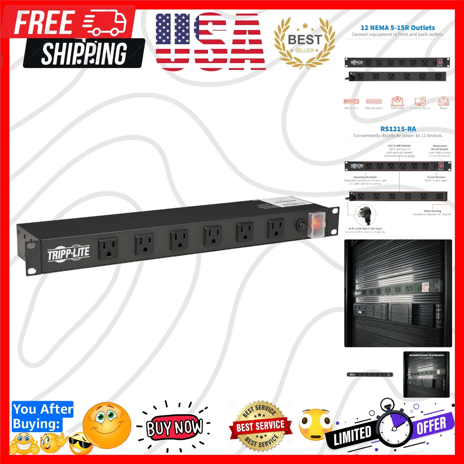 Eaton 12-Outlet 1U Rack Mount Power Strip PDU, Six Front & Six Rear Facing Ou...