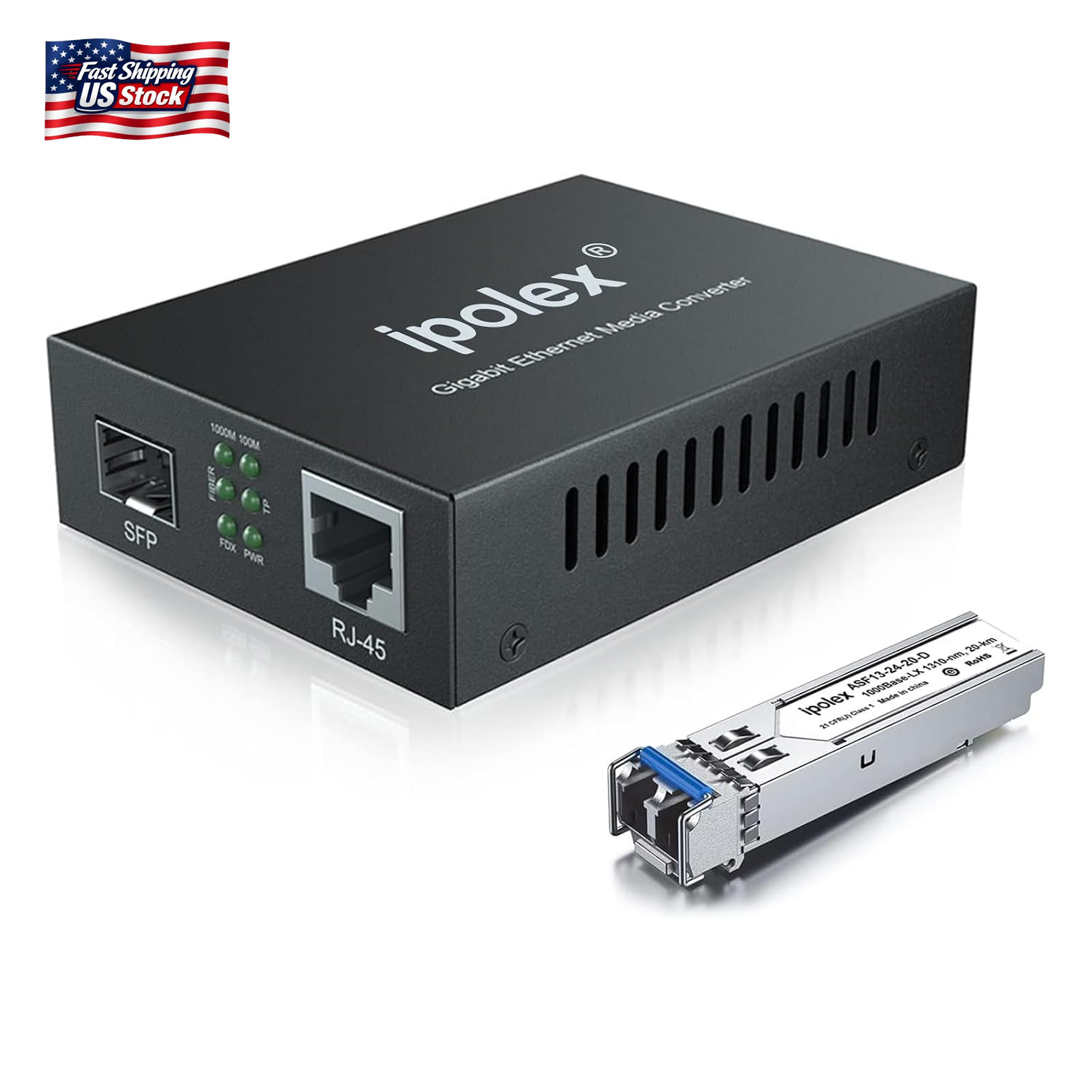 Ipolex Gigabit Single-Mode LC Fiber to Ethernet Media Converter with SFP LX Modu