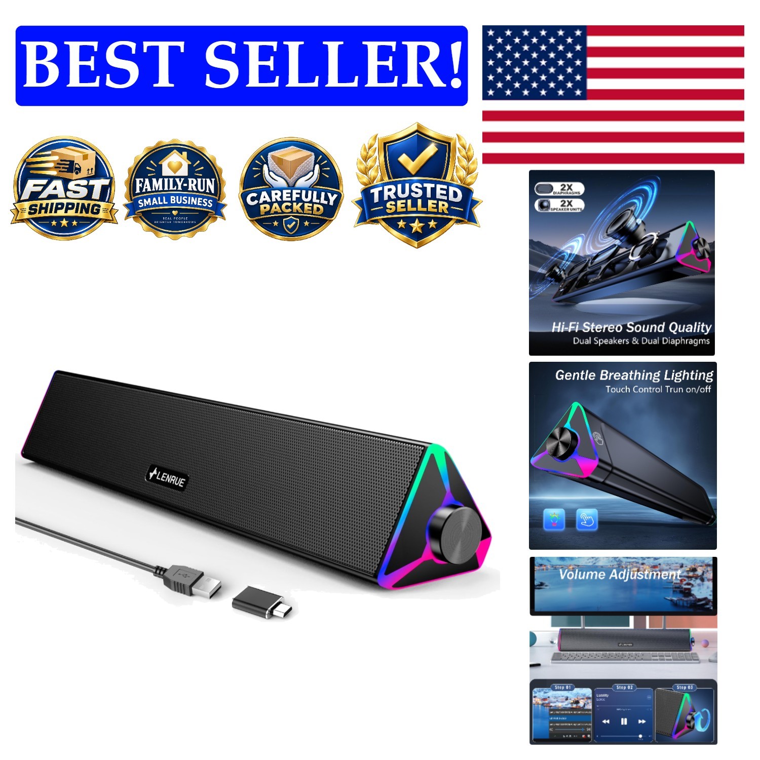 Compact Stereo Soundbar with Dynamic Audio & Touch Lighting - Ideal for Gaming