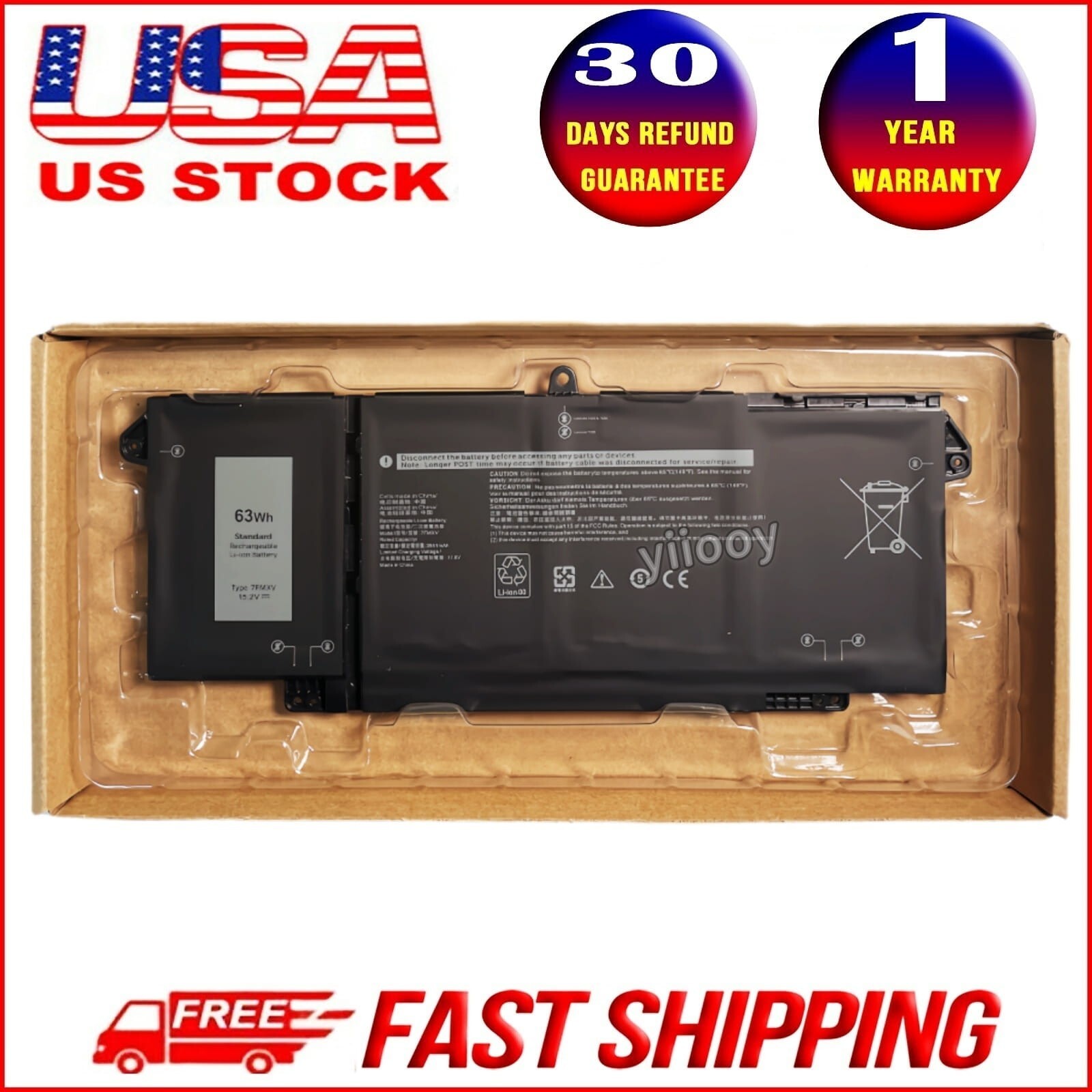 NEW 63Wh 7FMXV Battery for Dell Latitude 5320 7320 7420 7520 9JM71 4M1JN TN2GY