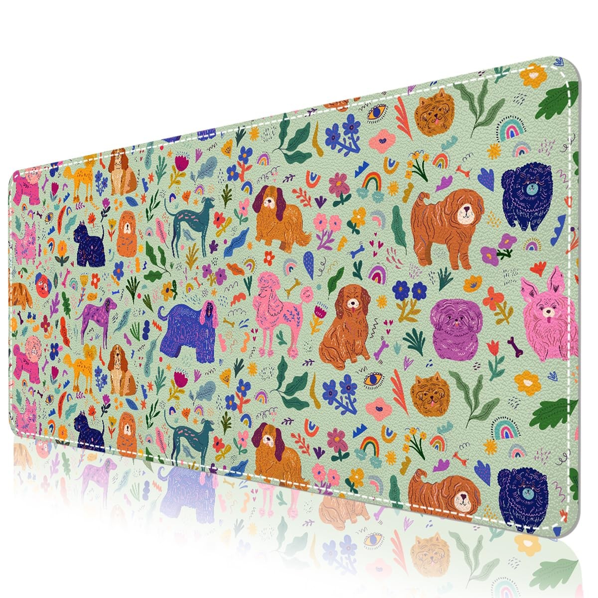 Leather Desk Pad Protector Pad, Green Non-Slip Computer Mat for Desk, Cute Do...