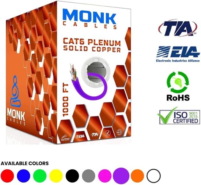 Monk Cables CAT6 Plenum Bulk Ethernet Cable 1000ft, Solid Copper 550MHz (Violet)