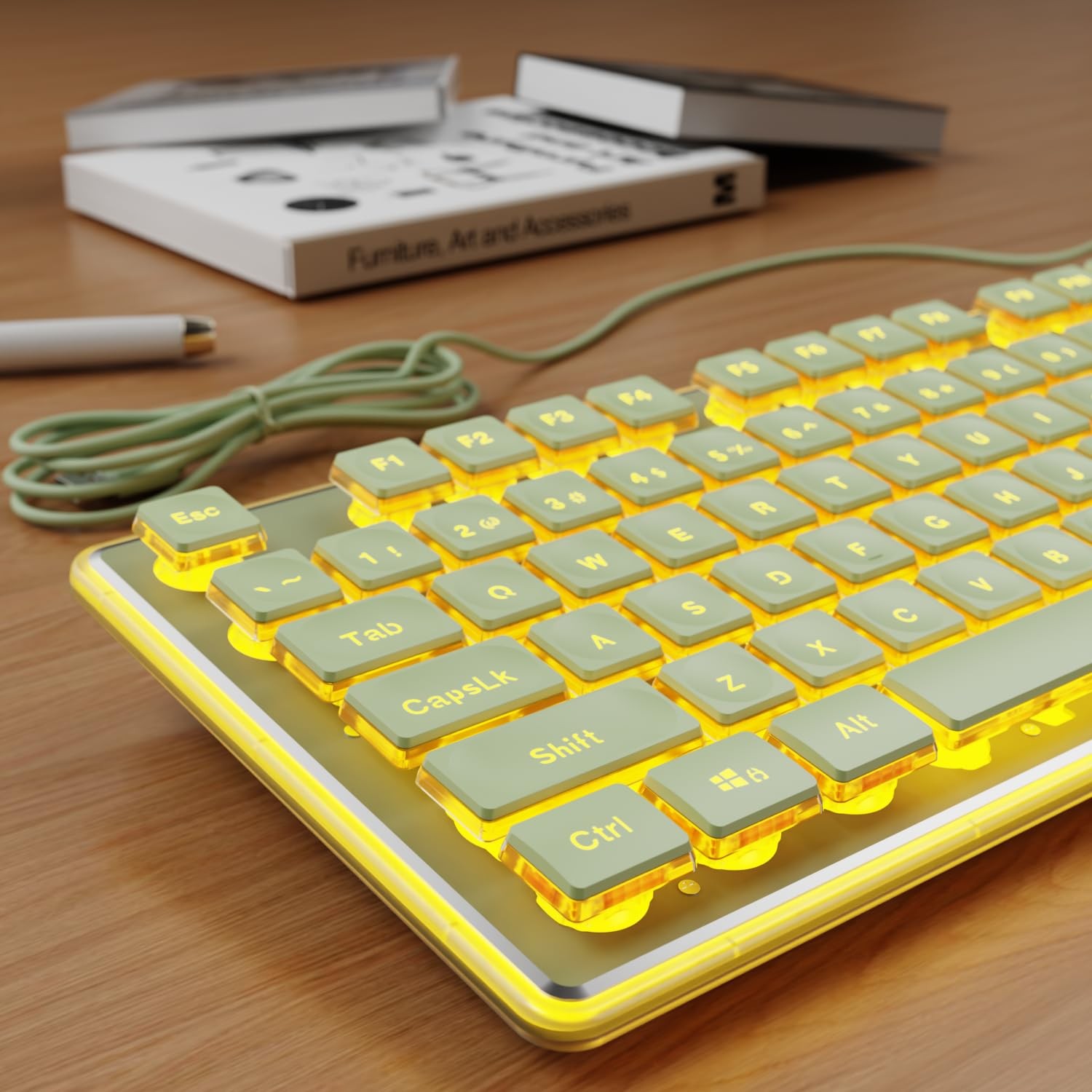 Green Full Size Wired Keyboard Warm Backlight Pudding Keycaps PC Laptop Mac