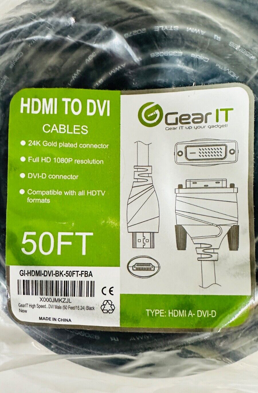 HDMI to DVI 50FT, 24K Gold Plated Connector, HDMI A - DVI-D