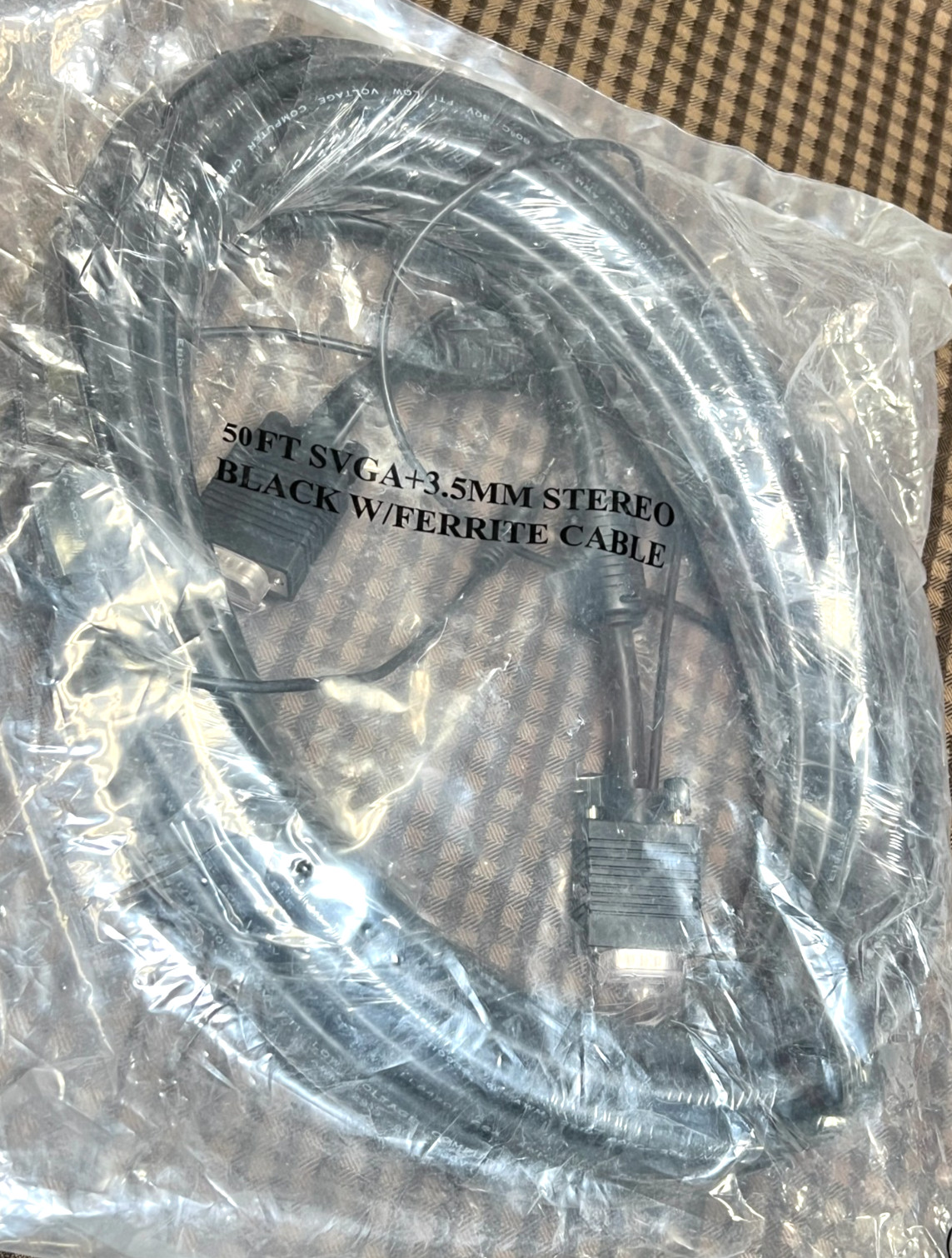 NEW 50' Black SVGA + 3.5mm Stereo Ferrite Cable Audio Video Monitor Extension